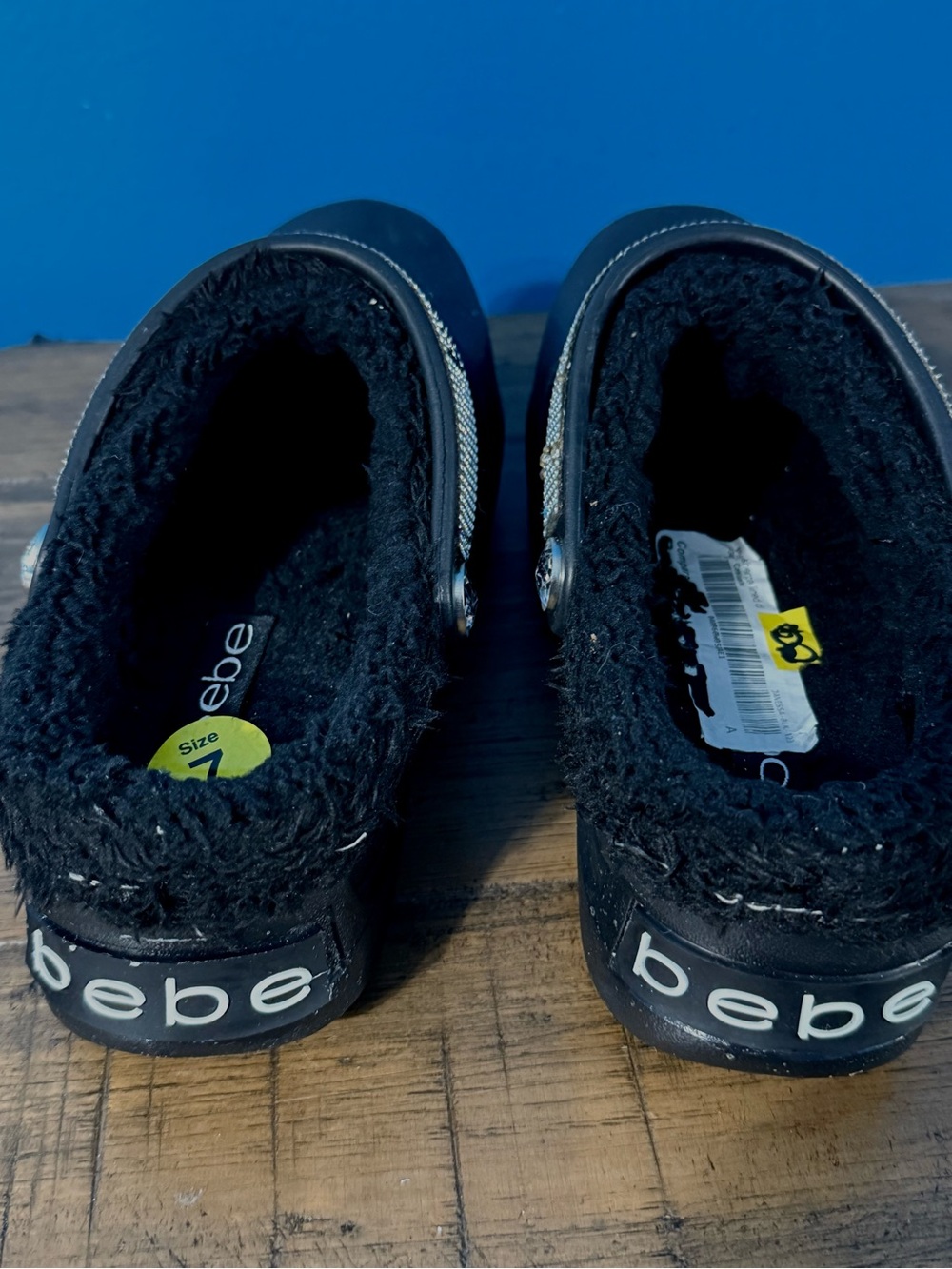 bebe Black Faux-Fur Lined Sparkle Strap Slip-Ons - Picture 4 of 7